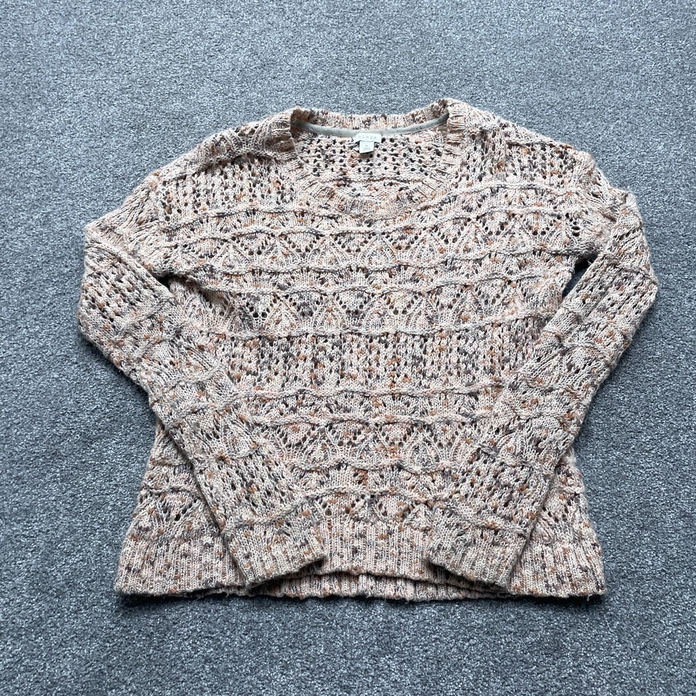 Hinge Sweater Medium Beige Open Knit Crochet Cotton Wool Blend Bohemian Ladies